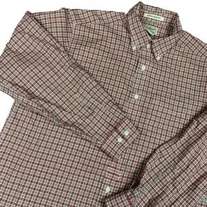 Vtg LL Bean Mens Button Down Shirt Large Red Tan Plaid Wrinkle Resistant Cotton